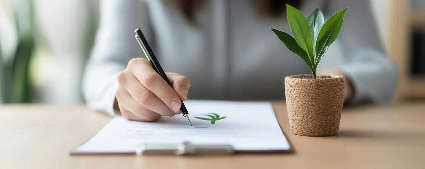 Hand holding a pen above a piece of paper with a small plant decoration.