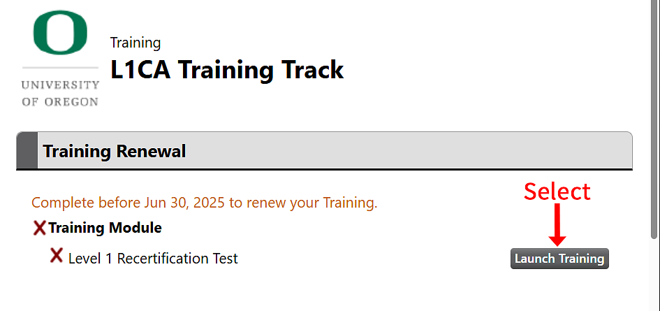 screenshot from Purchasing Portal delegated contracting authority track with select arrow indicating the launch training button.