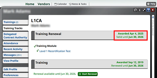 Training Renewal date highlighted in a rectangle inside UO Procurement Portal.