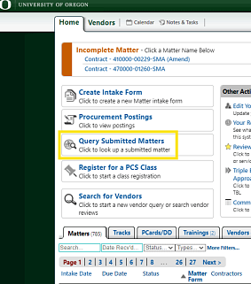 Screenshot of Purchasing Portal dashboard with Query Submitted Matters highlighted.