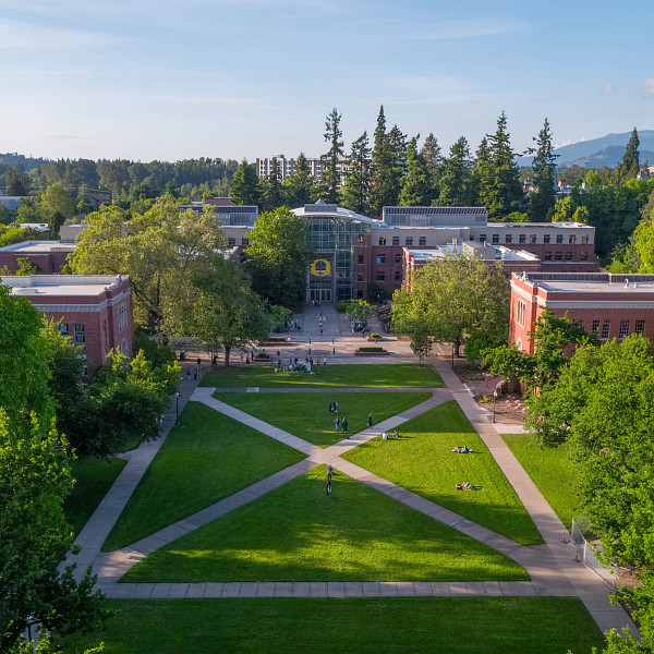 Aerial photograph of main Eugene campus.